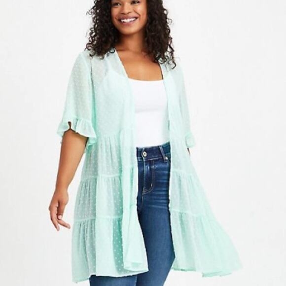 Torrid green CLIP DOT RUFFLE KIMONO - Picture 1 of 13